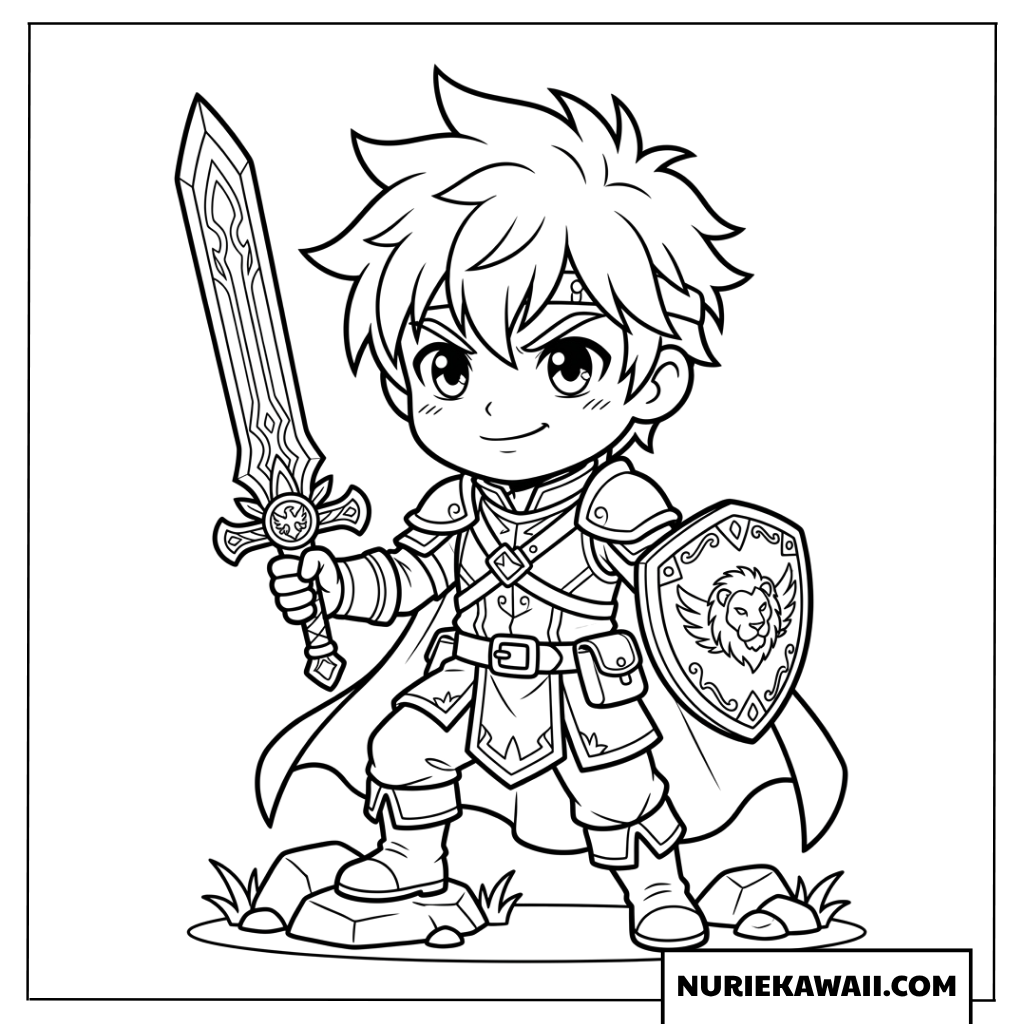 剣とライオンの盾を持つ勇敢なちびキャラ騎士の塗り絵