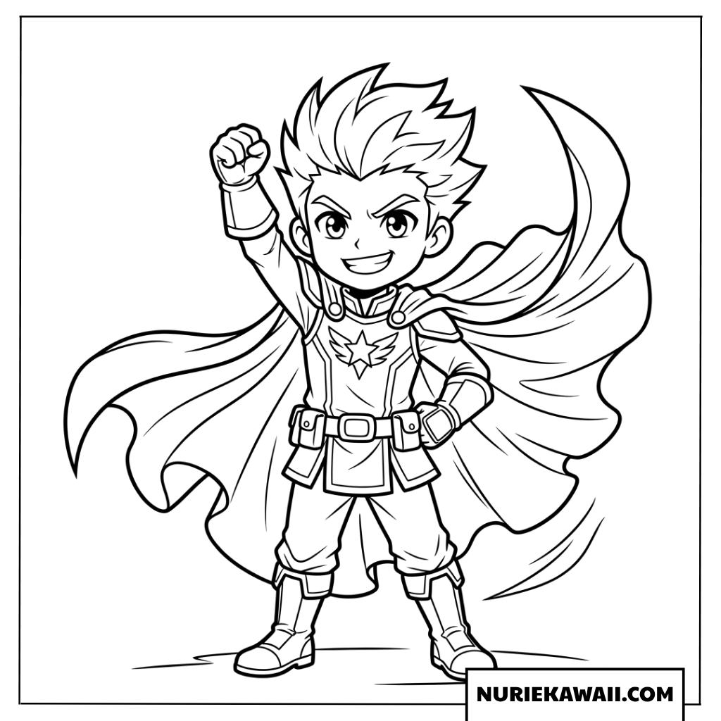 勝利のポーズを決める正義のヒーローちびキャラ男の子の塗り絵