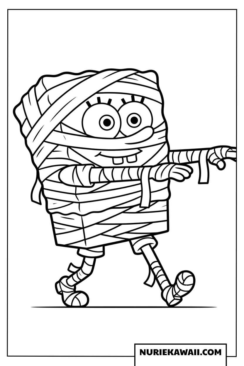 包帯ぐるぐる巻きのミイラ男になったスポンジボブの塗り絵