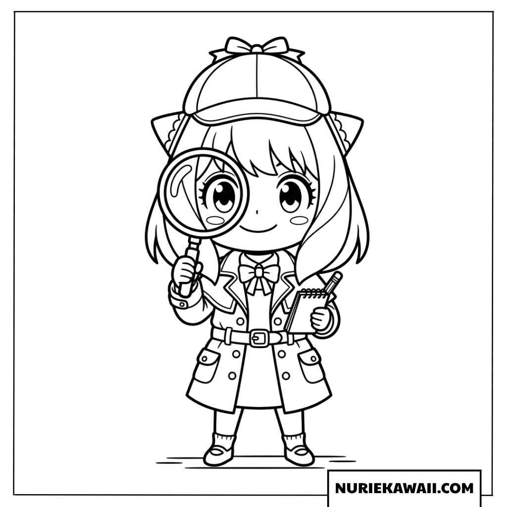 可愛いちびキャラアーニャの名探偵衣装の子供向け塗り絵