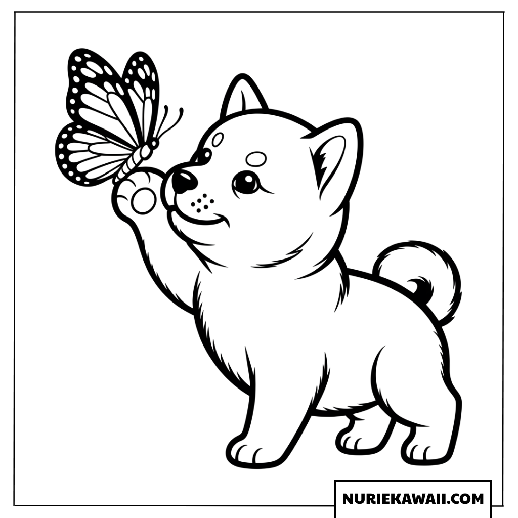 可愛い子犬の柴犬が小さな足を上げて綺麗な蝶々と楽しそうに遊んでいる塗り絵