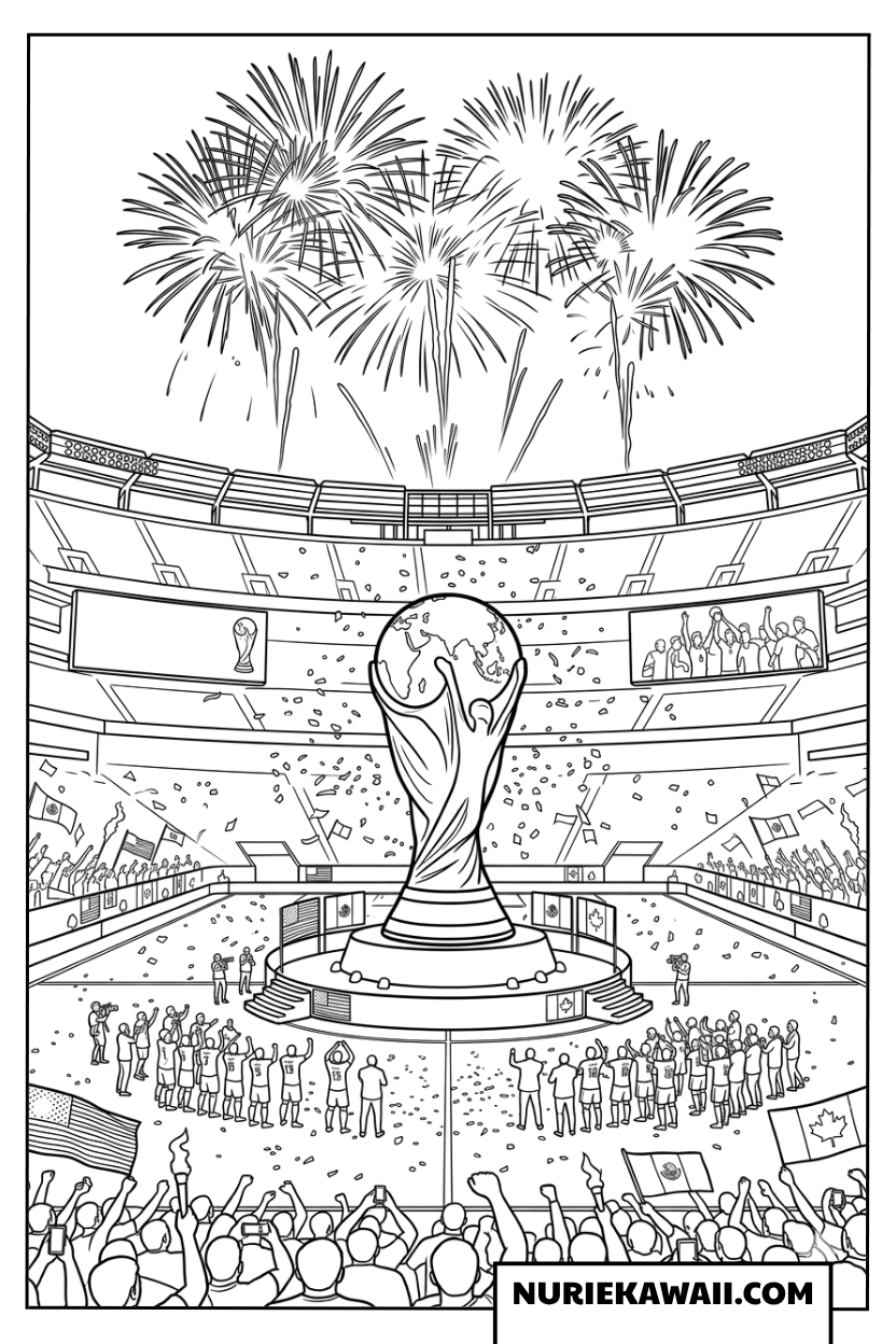 各国の国旗がはためくスタジアムと豪華な開会式セレモニーの塗り絵