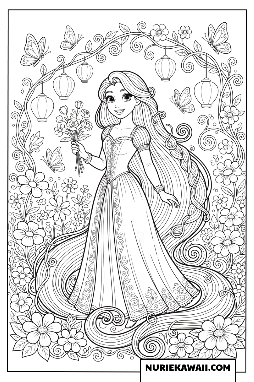 吊り下げられたランタンとお花のアーチの下で花束を持つラプンツェルの塗り絵
