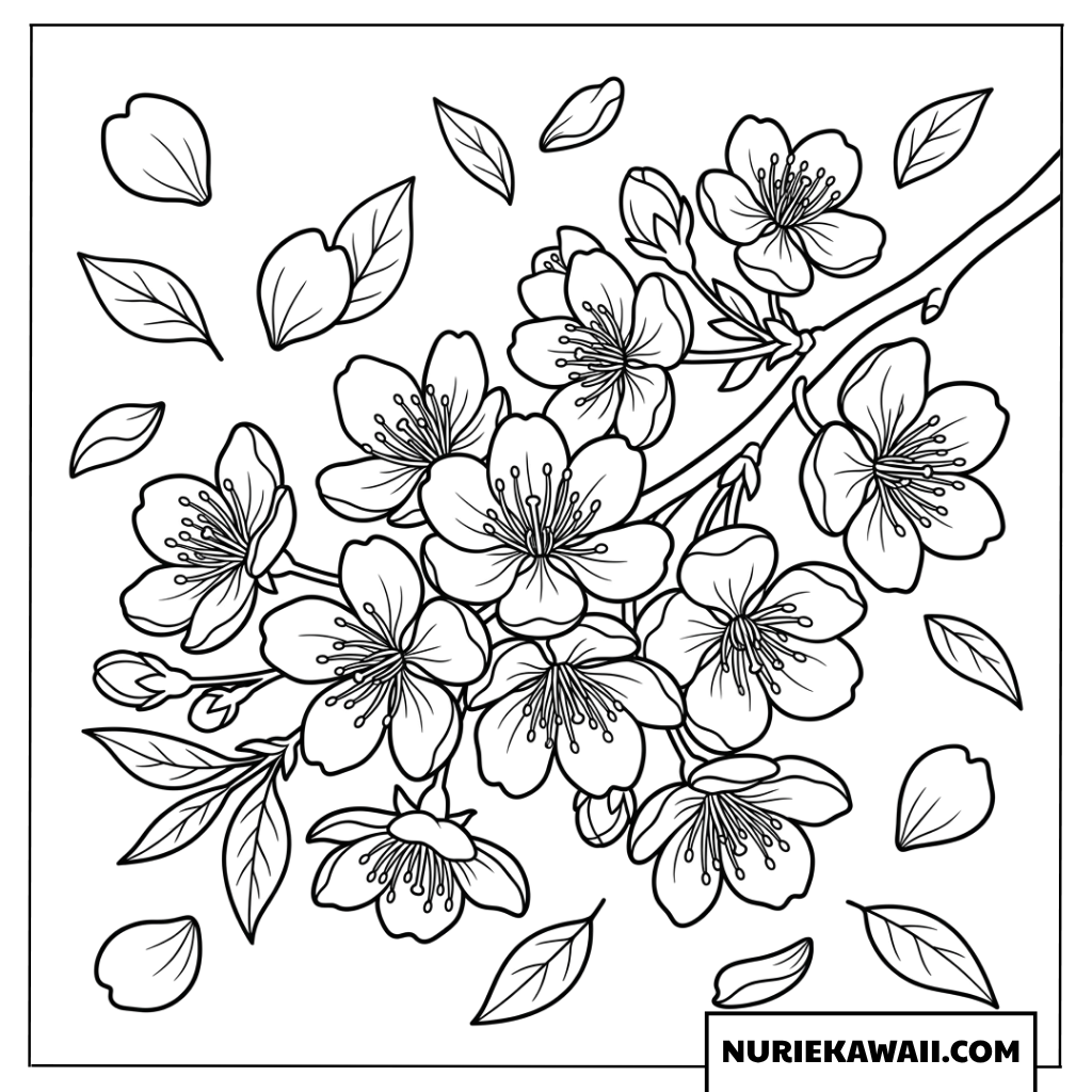 咲き誇る桜の枝の塗り絵