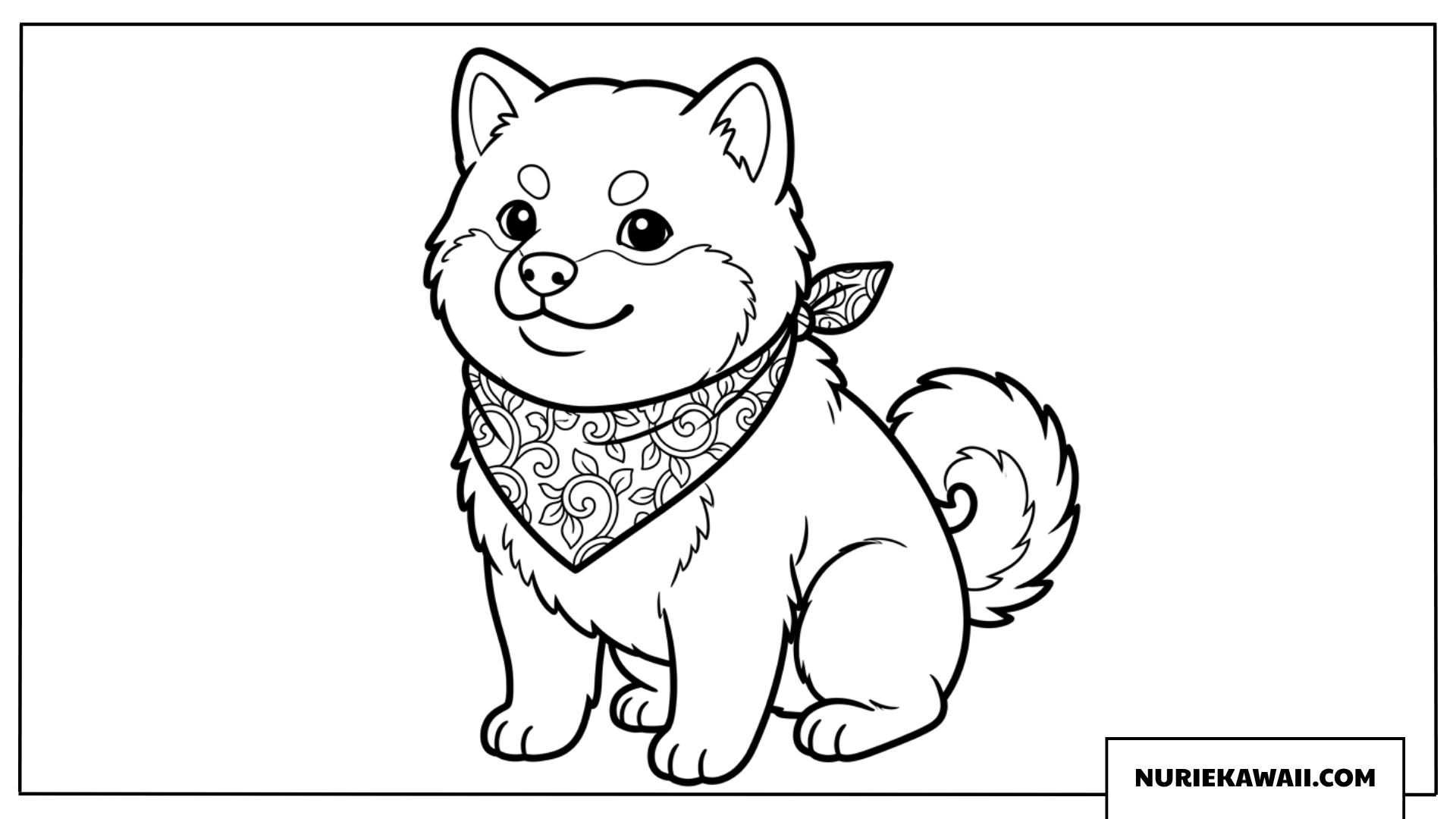 唐草模様のバンダナを巻いた丸顔で可愛い柴犬の塗り絵