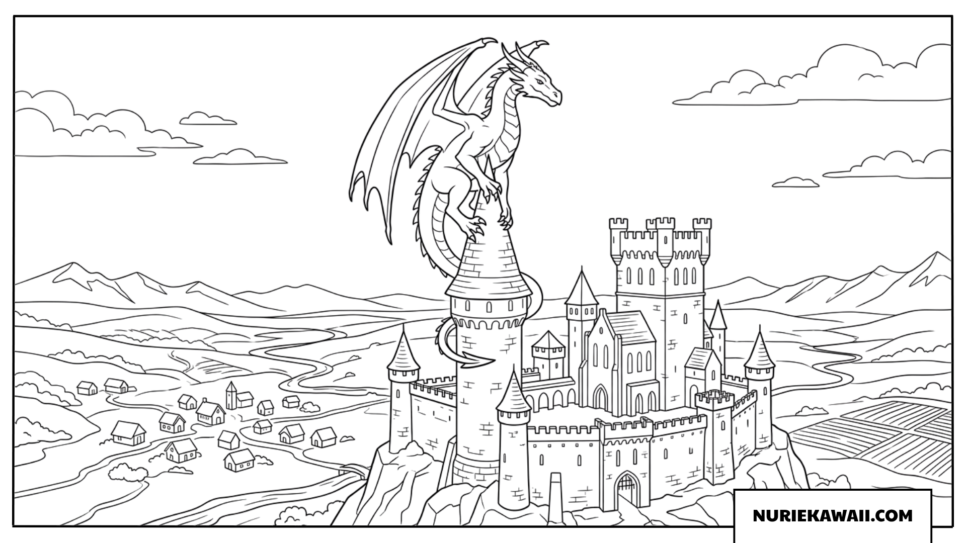 城の尖塔にとまり広大な景色を眺めるドラゴンの塗り絵