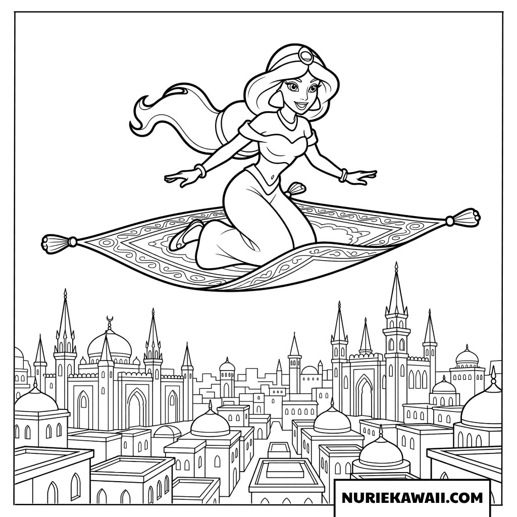塗り絵 ジャスミン王女：魔法の絨毯に乗って空を飛ぶ