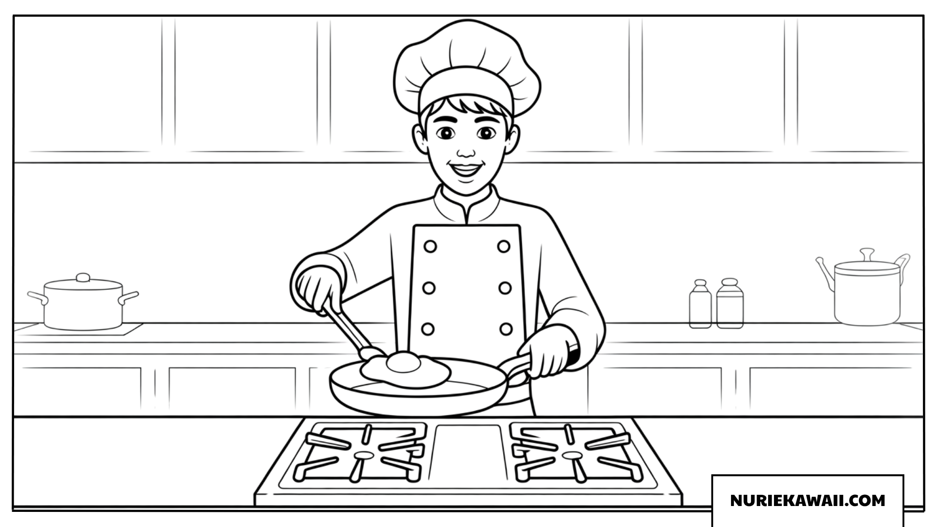 塗り絵 フライパンで料理をする小さなシェフ