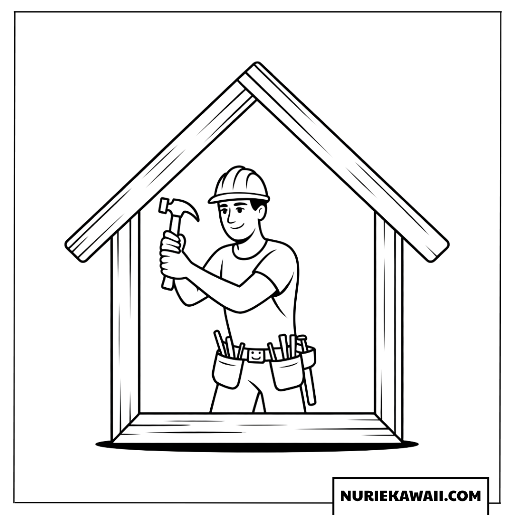 塗り絵 木造住宅を建てる大工さん