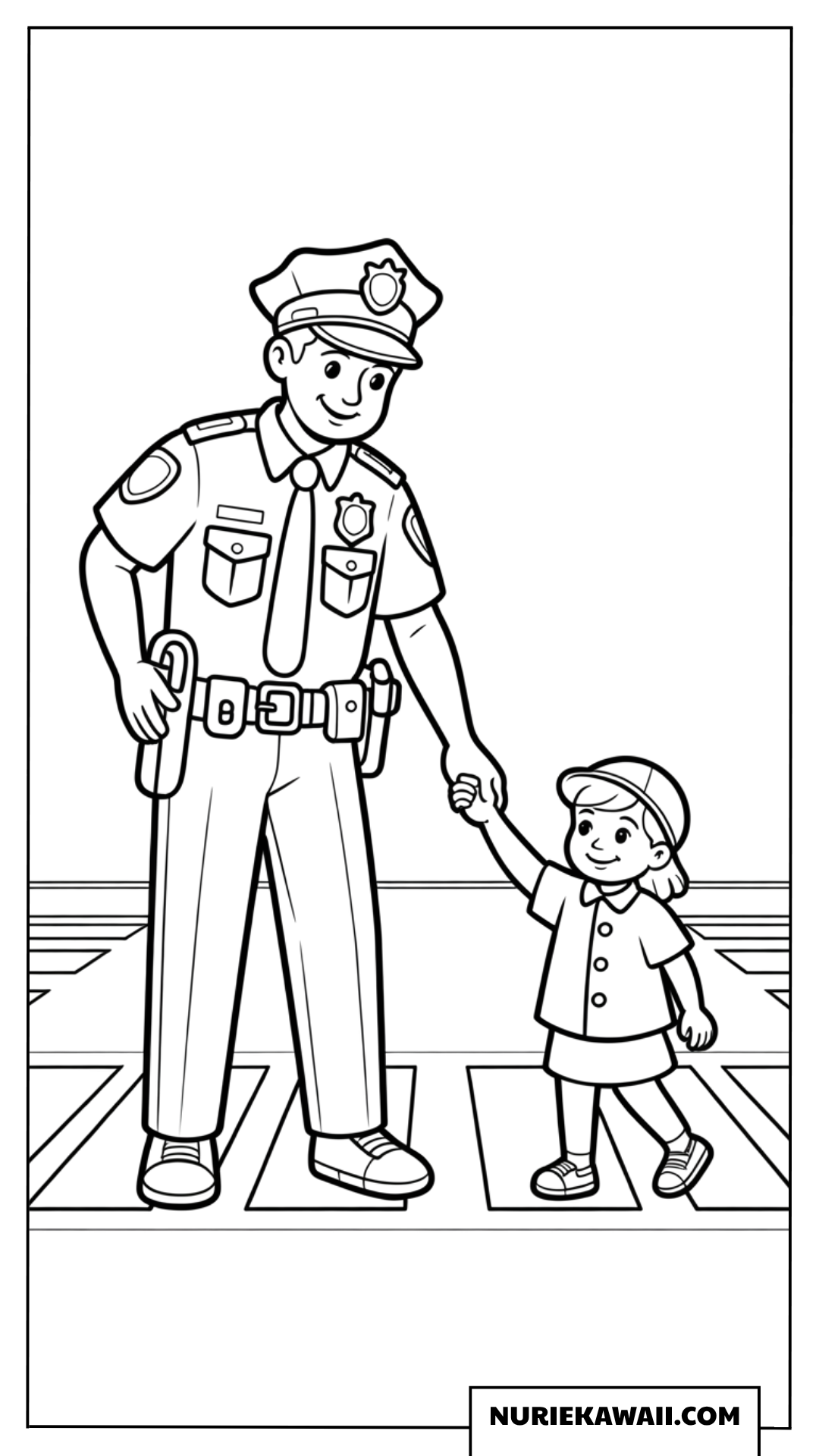 塗り絵 警察官と男の子が横断歩道を渡る