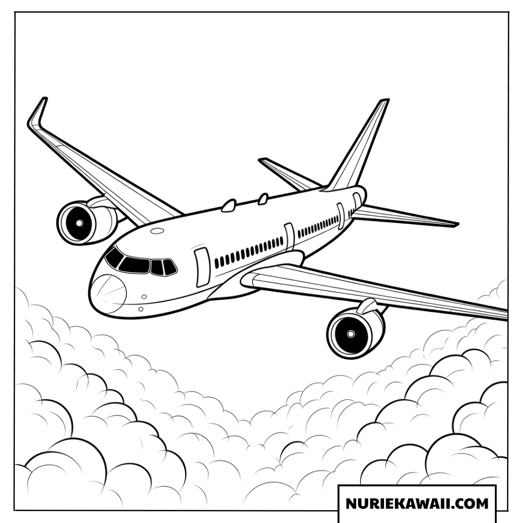 塗り絵 雲の上を飛ぶ旅客機