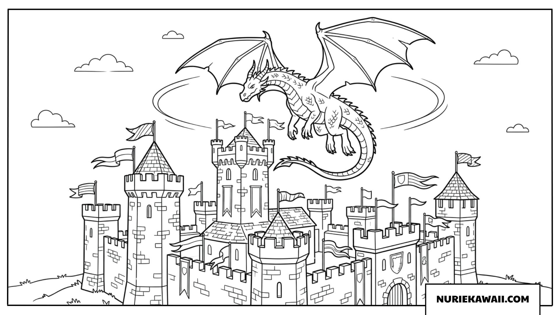 壮大な城の上空を舞う巨大なドラゴンの塗り絵