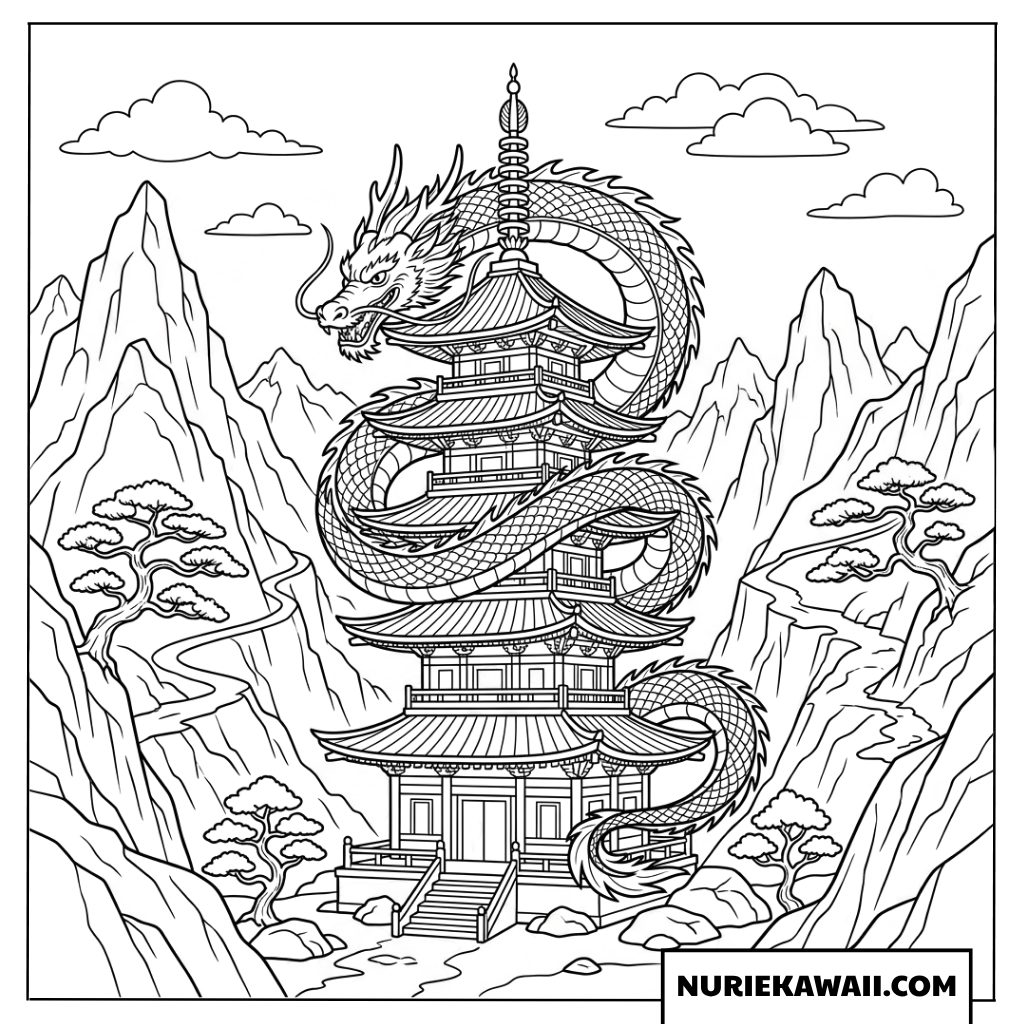 壮大な山々に囲まれた五重の塔に巨大な身体を巻き付ける神秘的な龍の 塗り絵