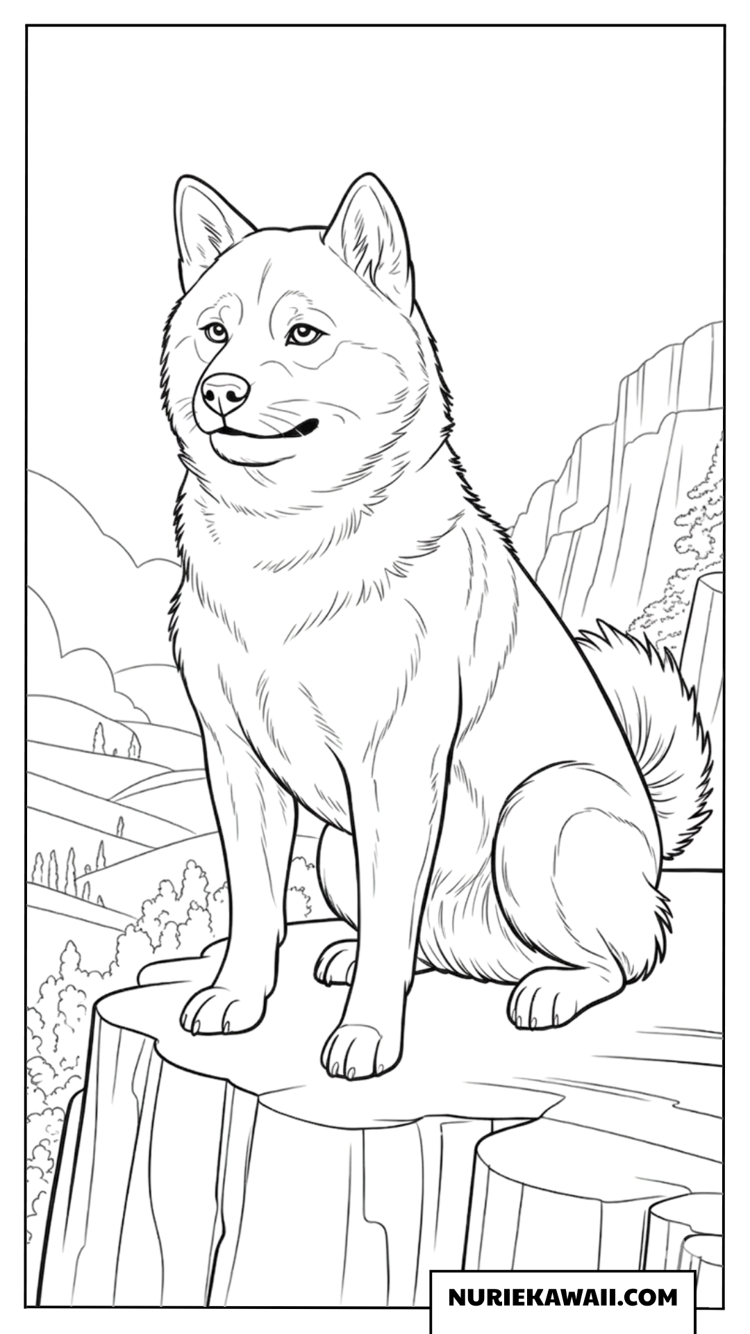 壮大な山々を見渡す切り立った崖の上に堂々とたたずむリアルな柴犬の風景塗り絵