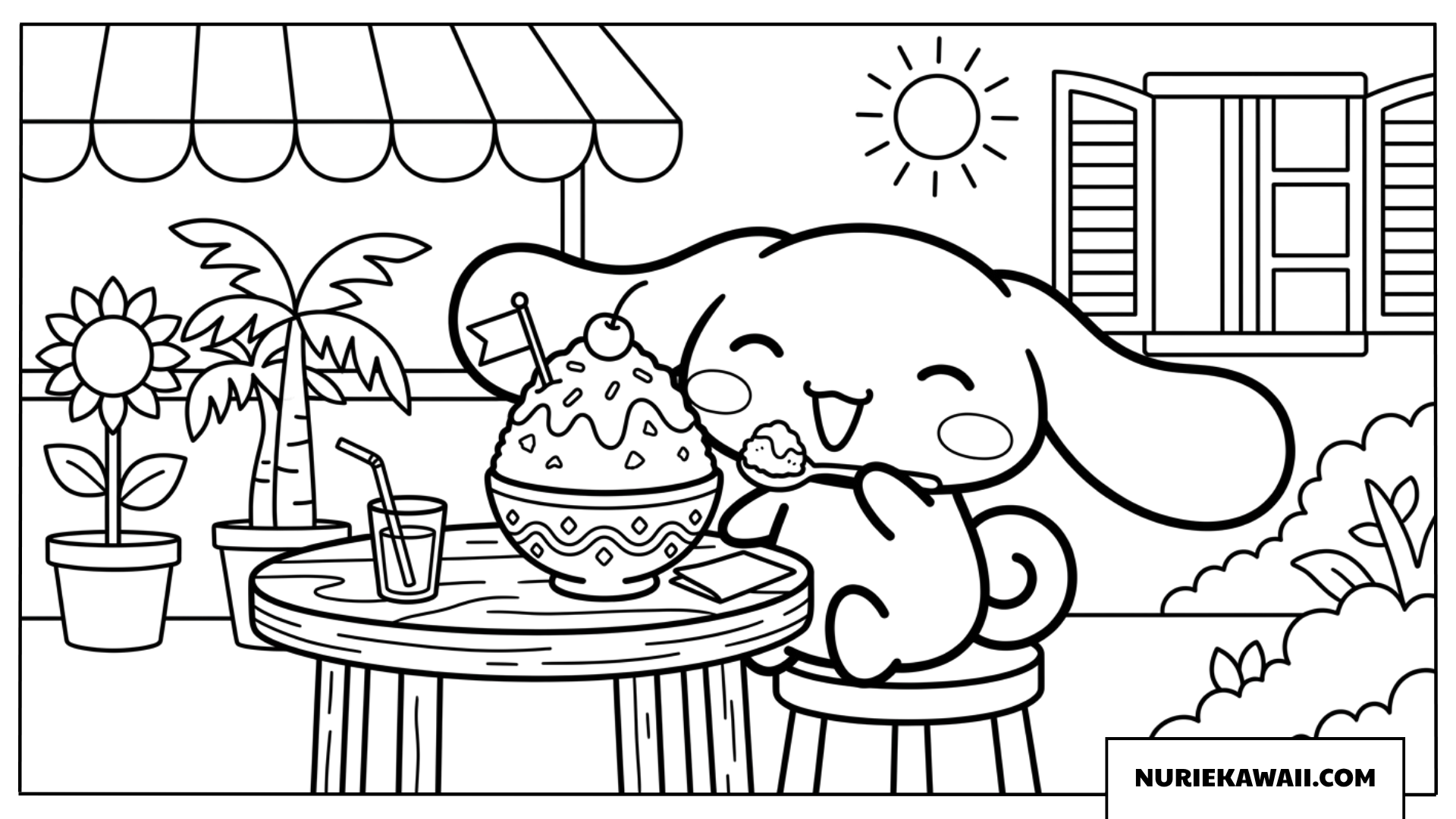 夏の暑い日に冷たいかき氷を食べるシナモロールの塗り絵