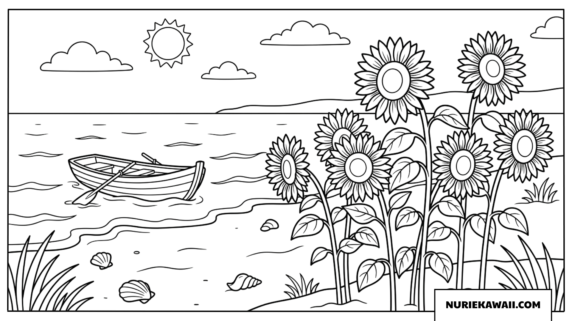 夏の海辺に咲くひまわりと小さな木舟の景色塗り絵