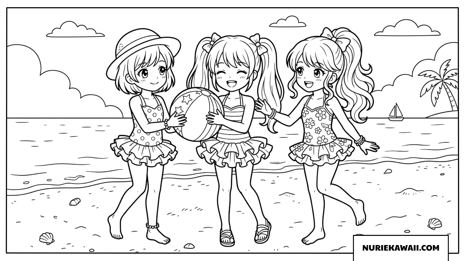 夏の砂浜でビーチボールを持って楽しく遊ぶ水着姿のアニメの女の子たちの塗り絵
