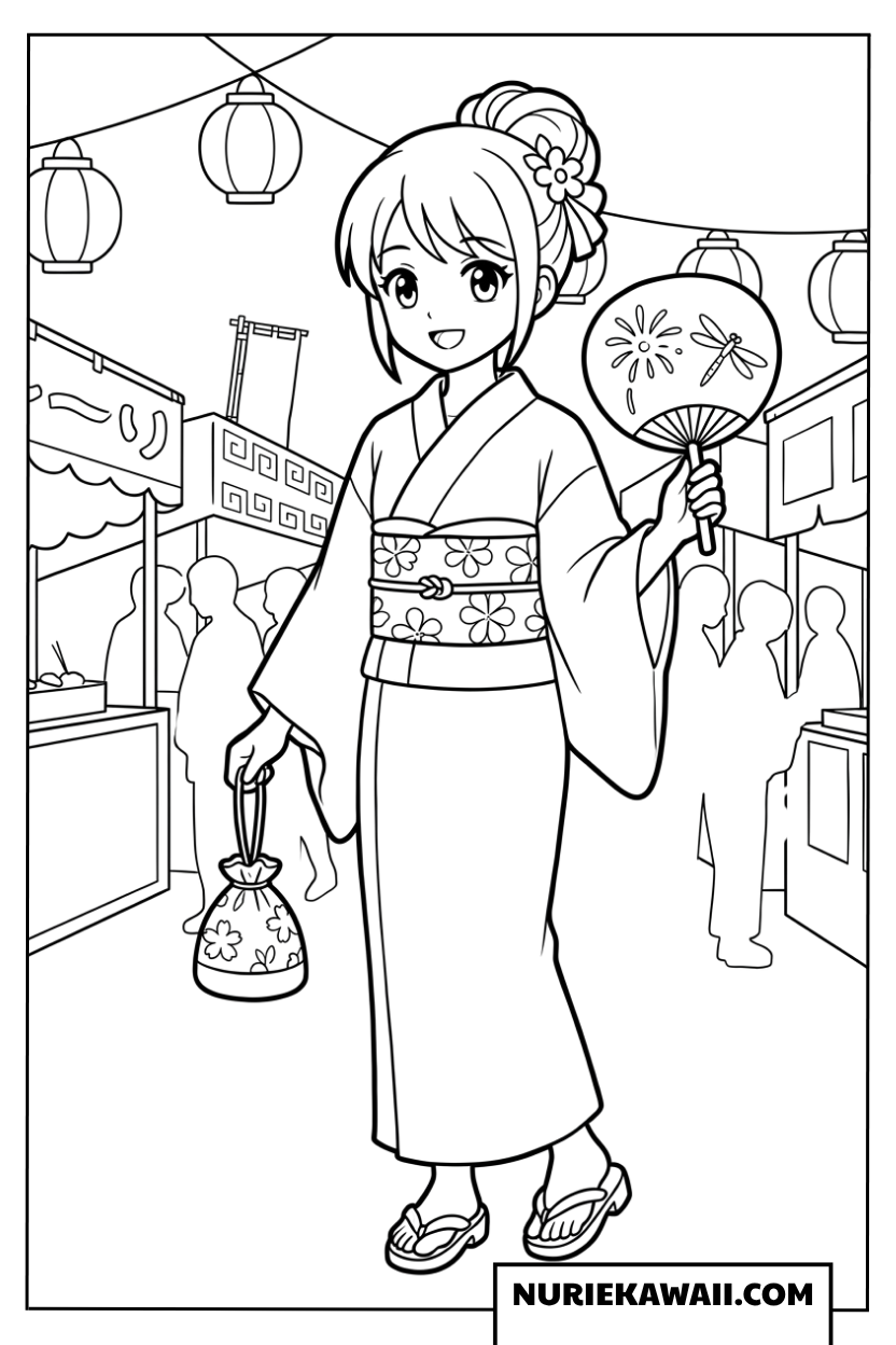 夏祭りの出店と提灯に囲まれてうちわを持つ浴衣姿のアニメ女の子の塗り絵