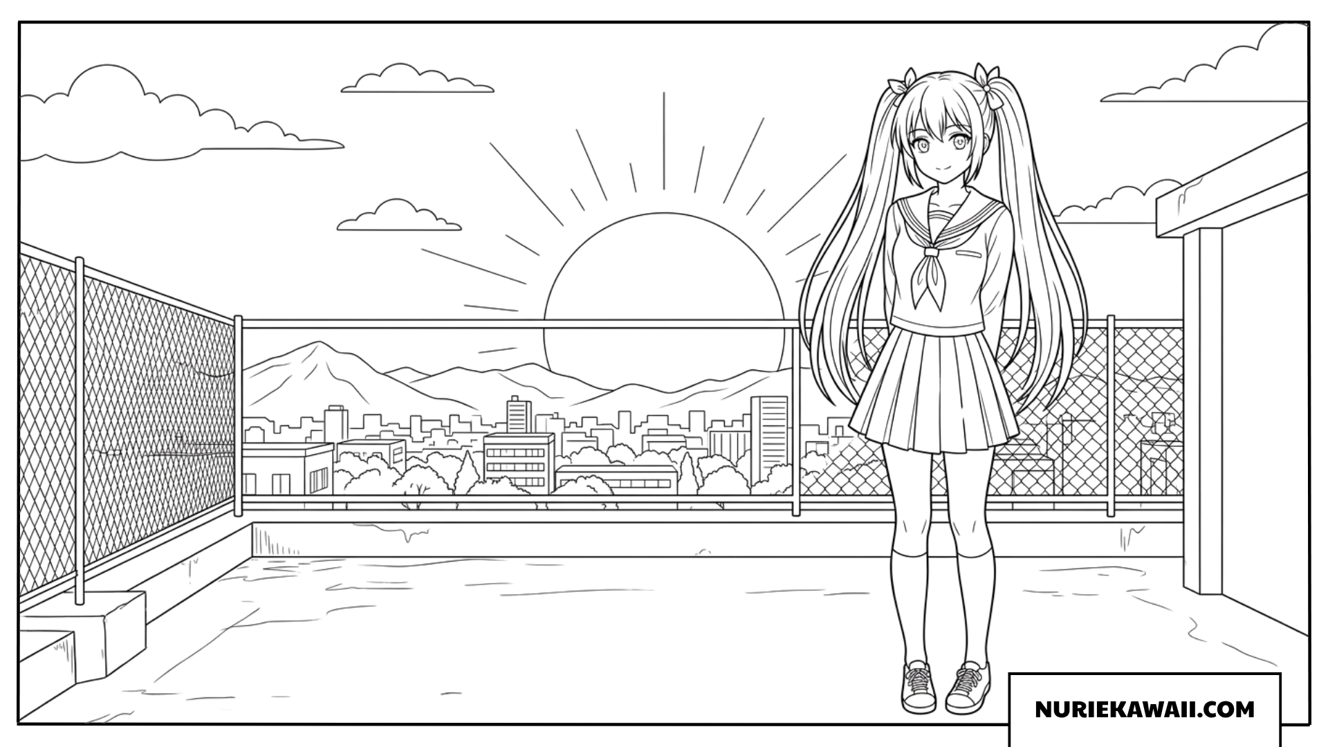 夕暮れ時の学校の屋上に佇むセーラー服の女の子のアニメ塗り絵