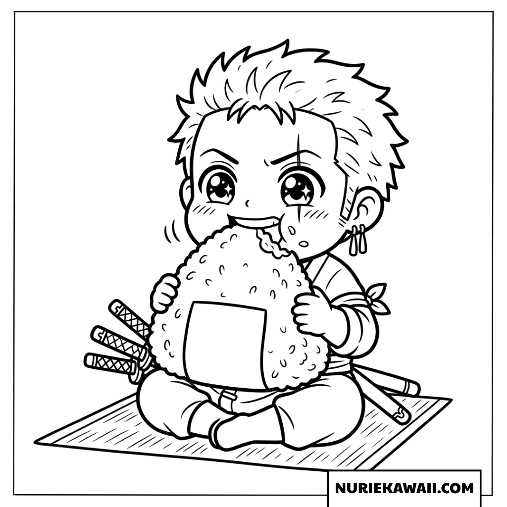 大きなおにぎりを大口で頬張る食いしん坊なちびゾロの塗り絵