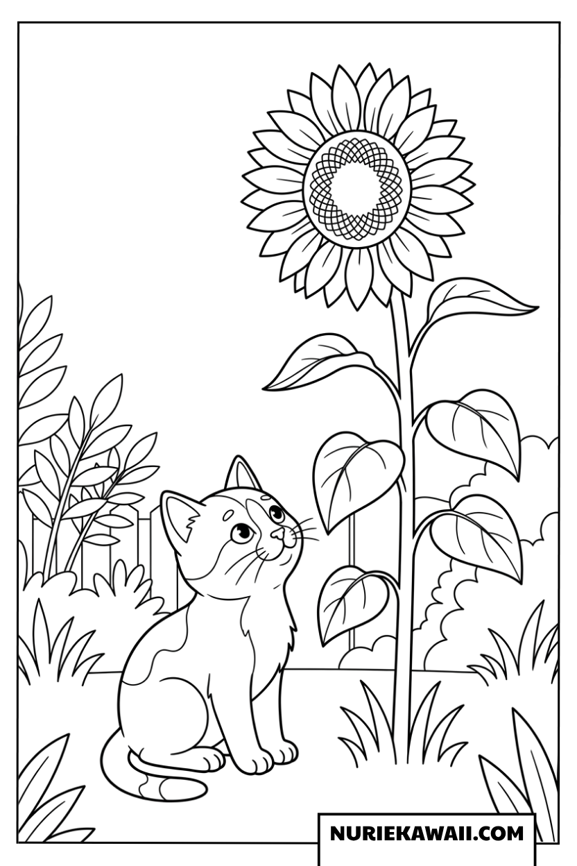 大きなひまわりを見上げる可愛い子猫の塗り絵