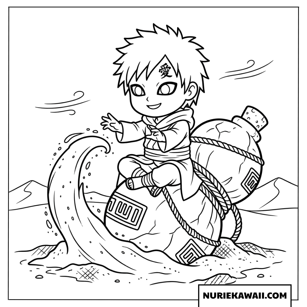 大きなひょうたんの上に座り砂の波を操る可愛いガアラちびキャラの塗り絵