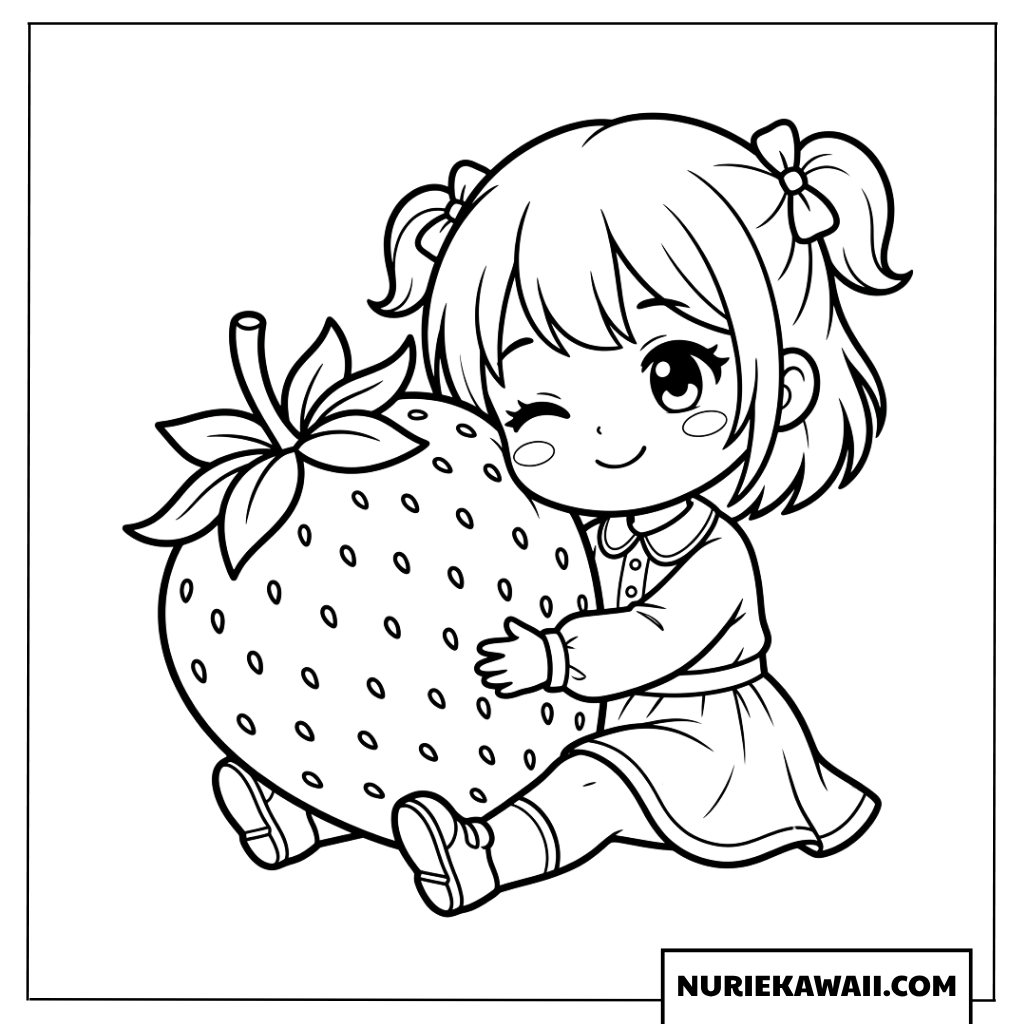 大きなイチゴを抱きしめる可愛いちびキャラの女の子の塗り絵
