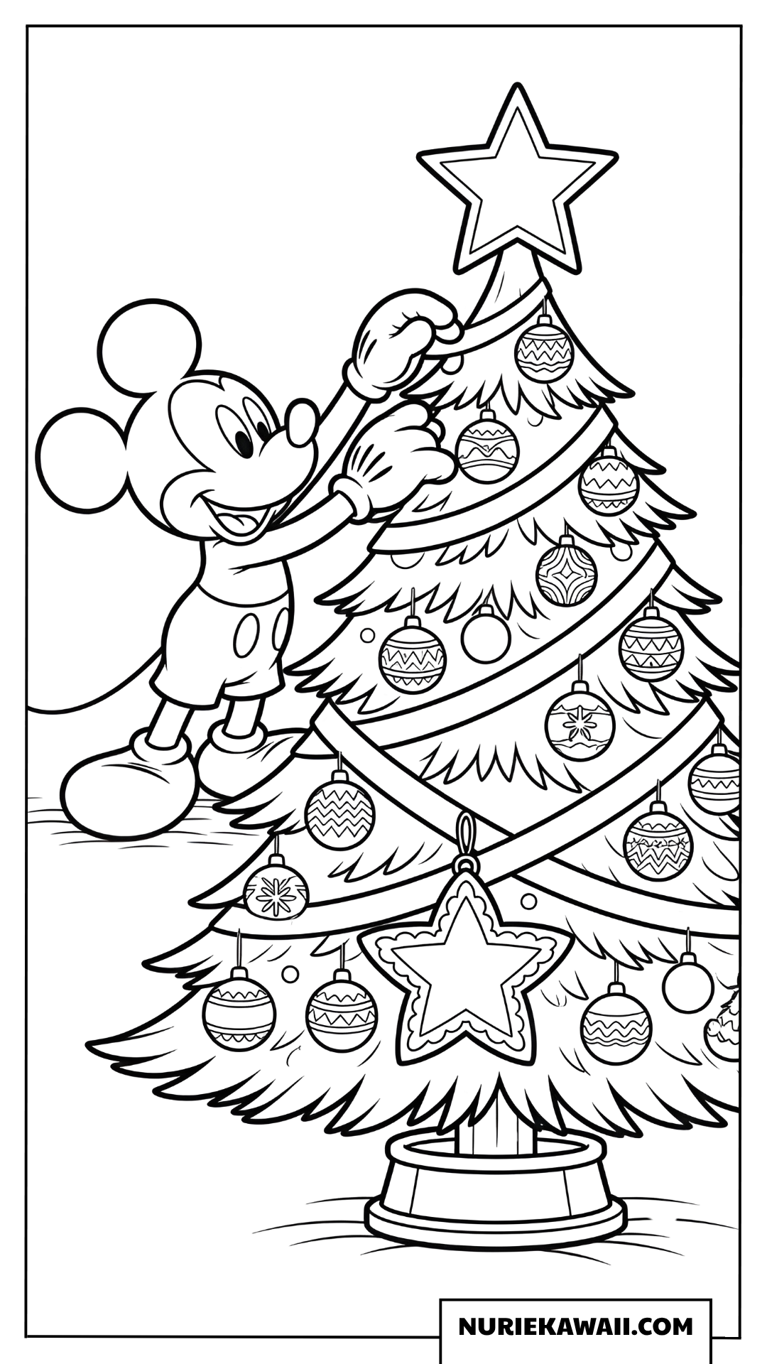 大きなクリスマスツリーにオーナメントを飾るミッキーマウスの素敵な塗り絵