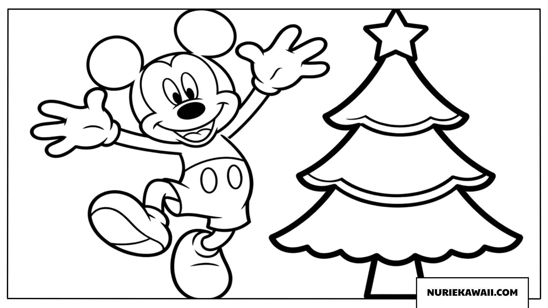 大きなクリスマスツリーの横で元気にジャンプするミッキーの塗り絵