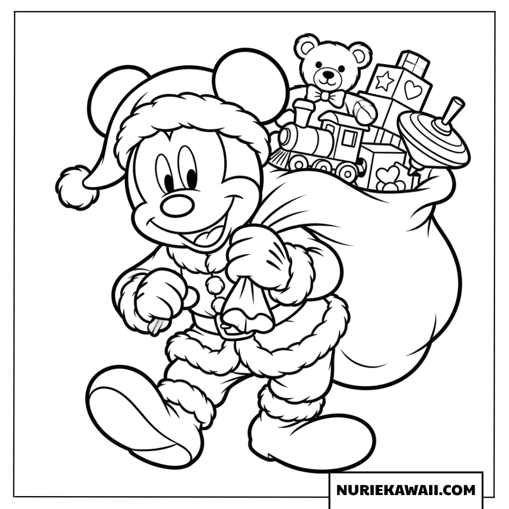 大きなクリスマスプレゼントの袋を担いで歩くミッキーの塗り絵