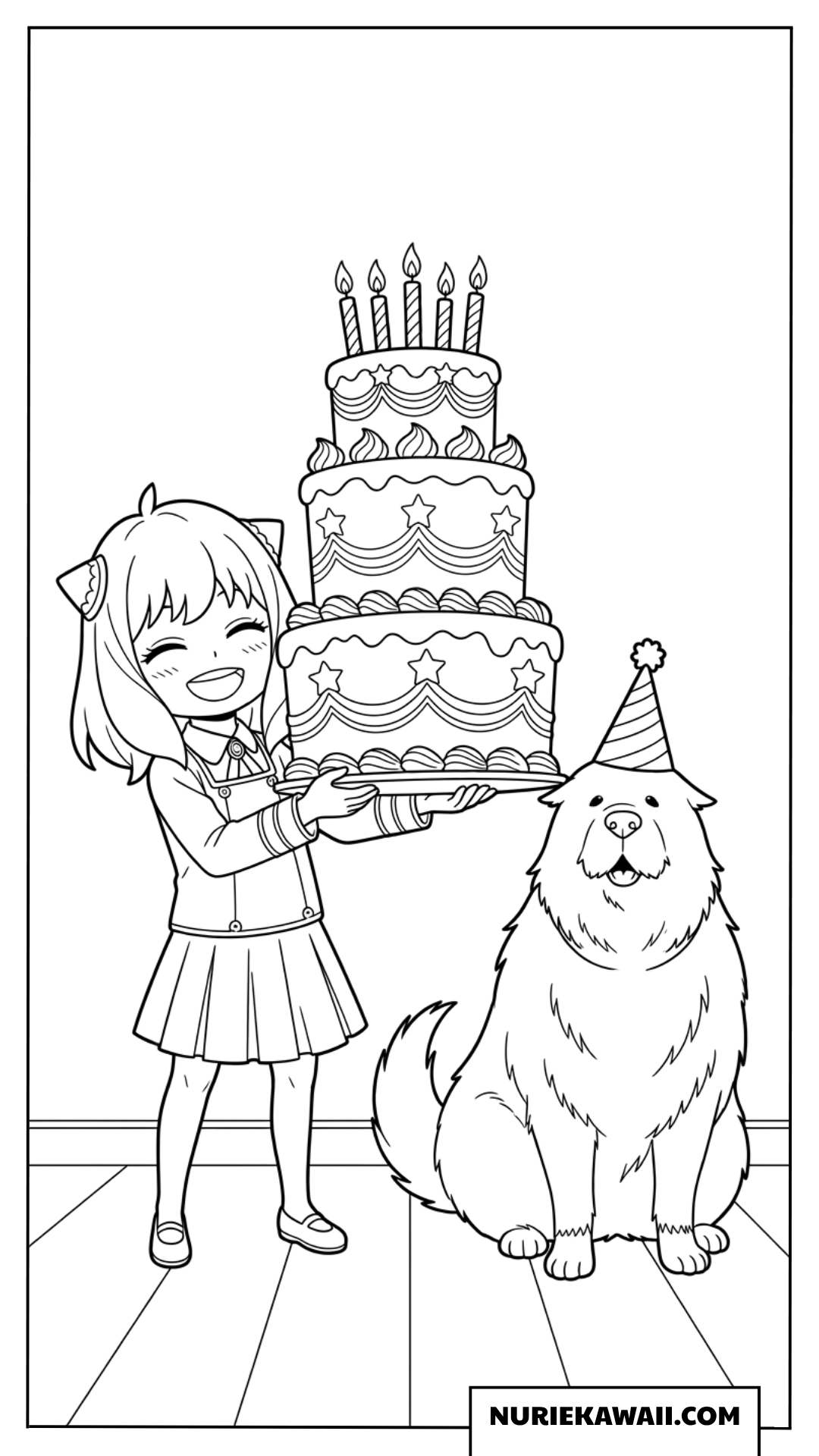 大きなケーキで誕生日をお祝いするアーニャとボンドの塗り絵