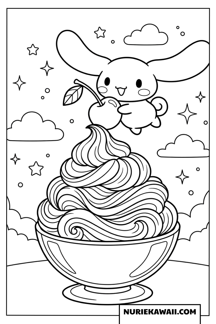 大きなサクランボを抱えてソフトクリームの上を飛ぶシナモロールの塗り絵