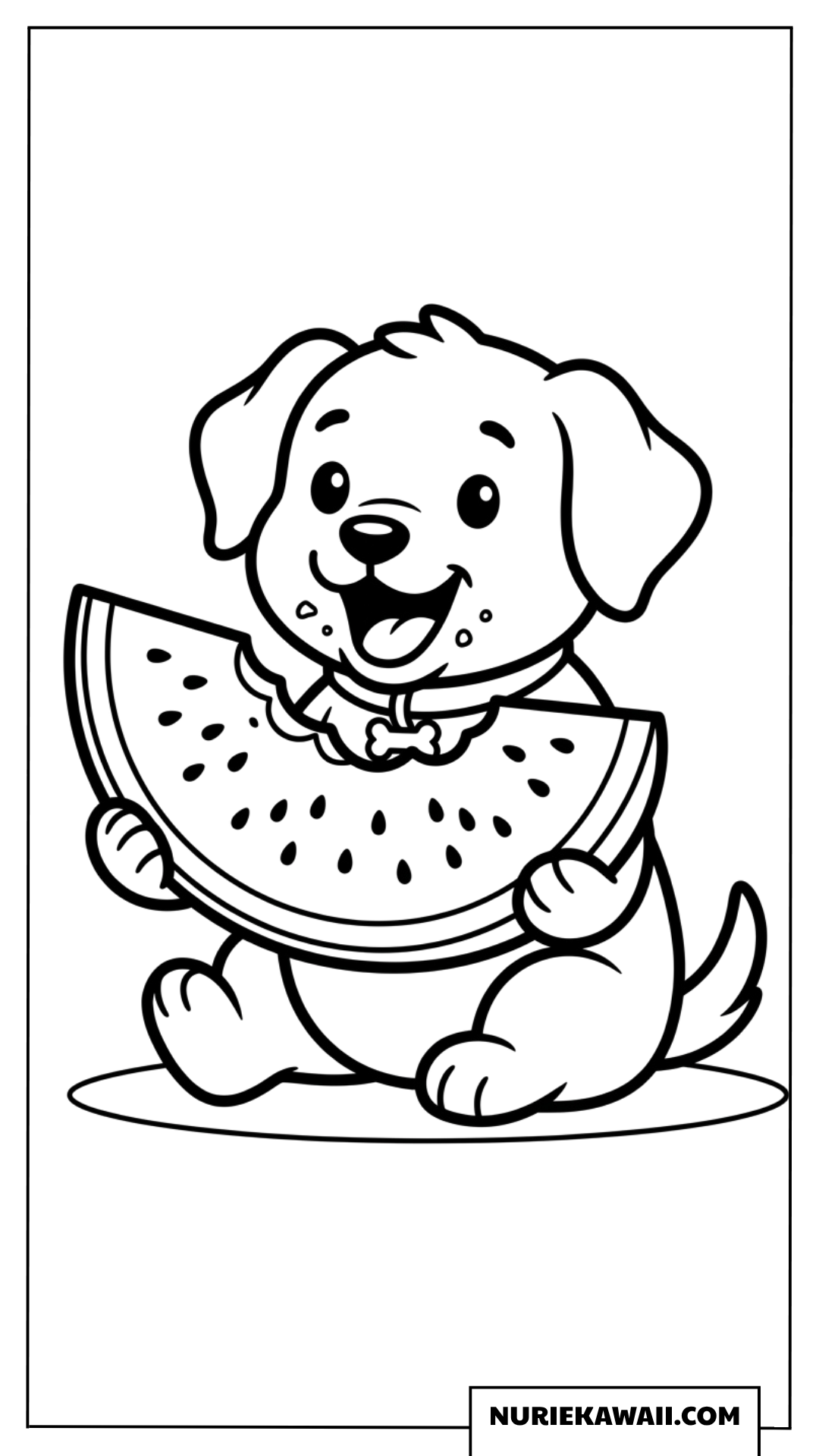 大きなスイカを嬉しそうに抱えて美味しく食べる子犬のカートゥーン塗り絵