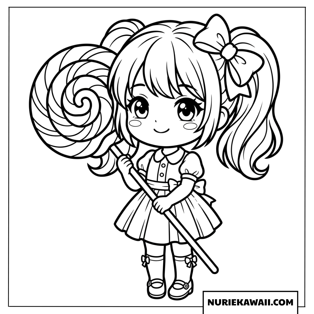大きなペロペロキャンディを持ったツインテールのちび女の子の塗り絵