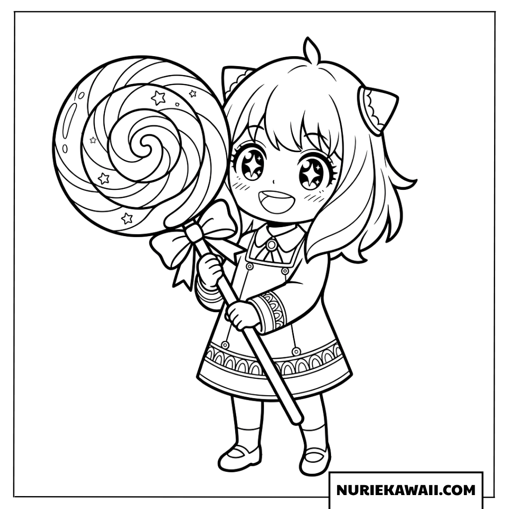 大きなペロペロキャンディを持つかわいいアーニャの塗り絵