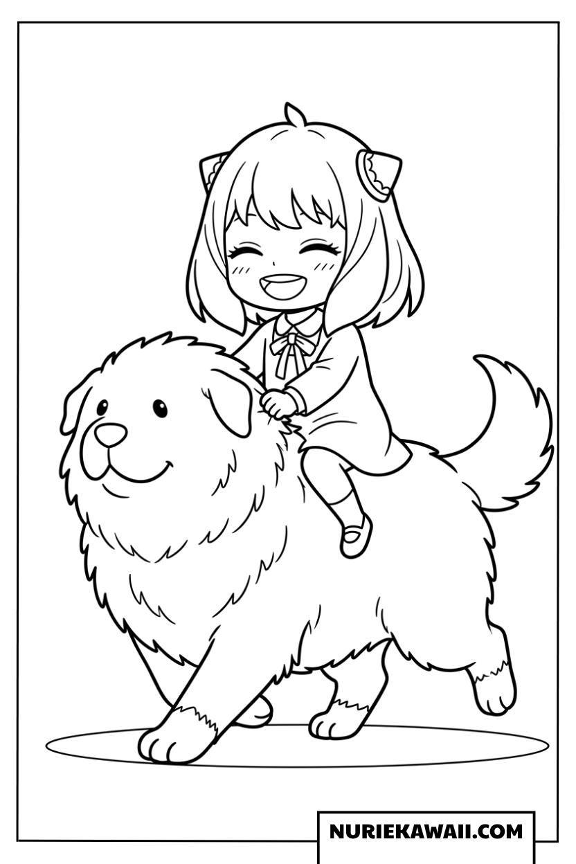 大きなボンドの背中に乗って笑顔で楽しむちびキャラアーニャの塗り絵