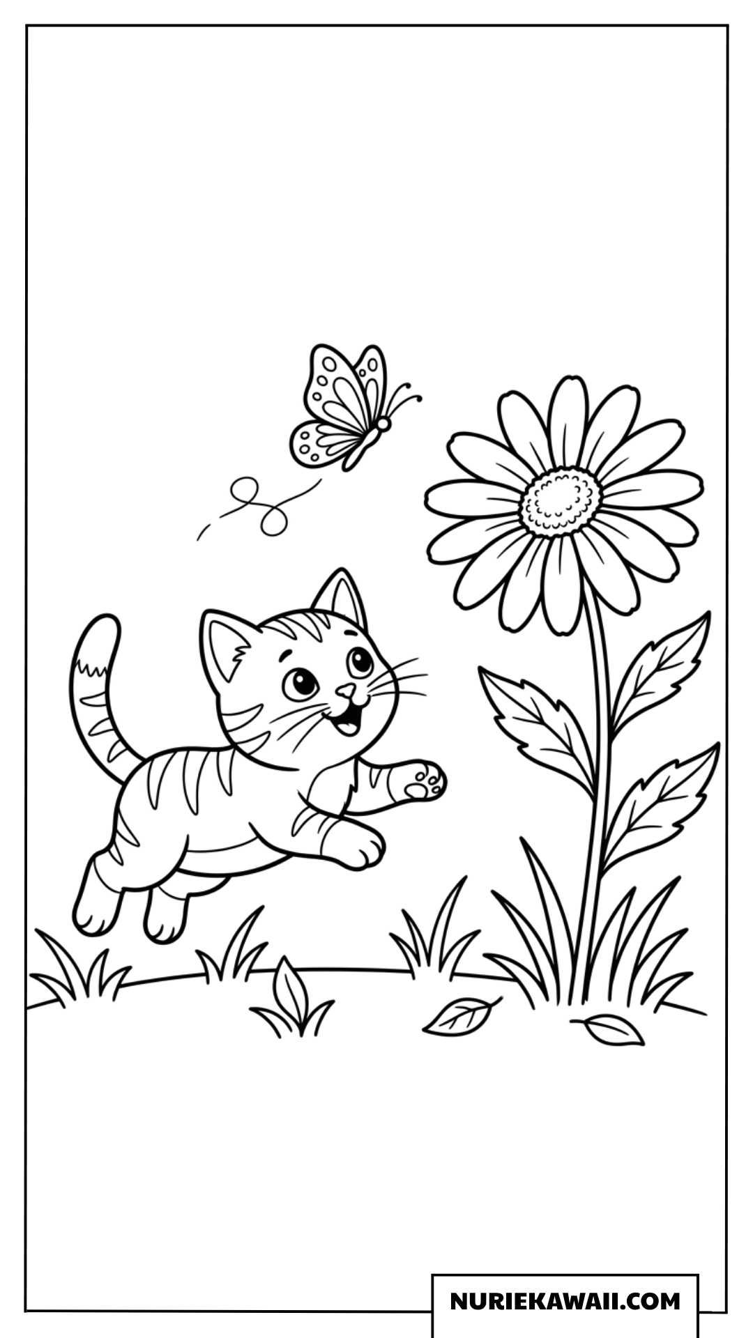 大きなマーガレットと蝶々を追いかける子猫の塗り絵