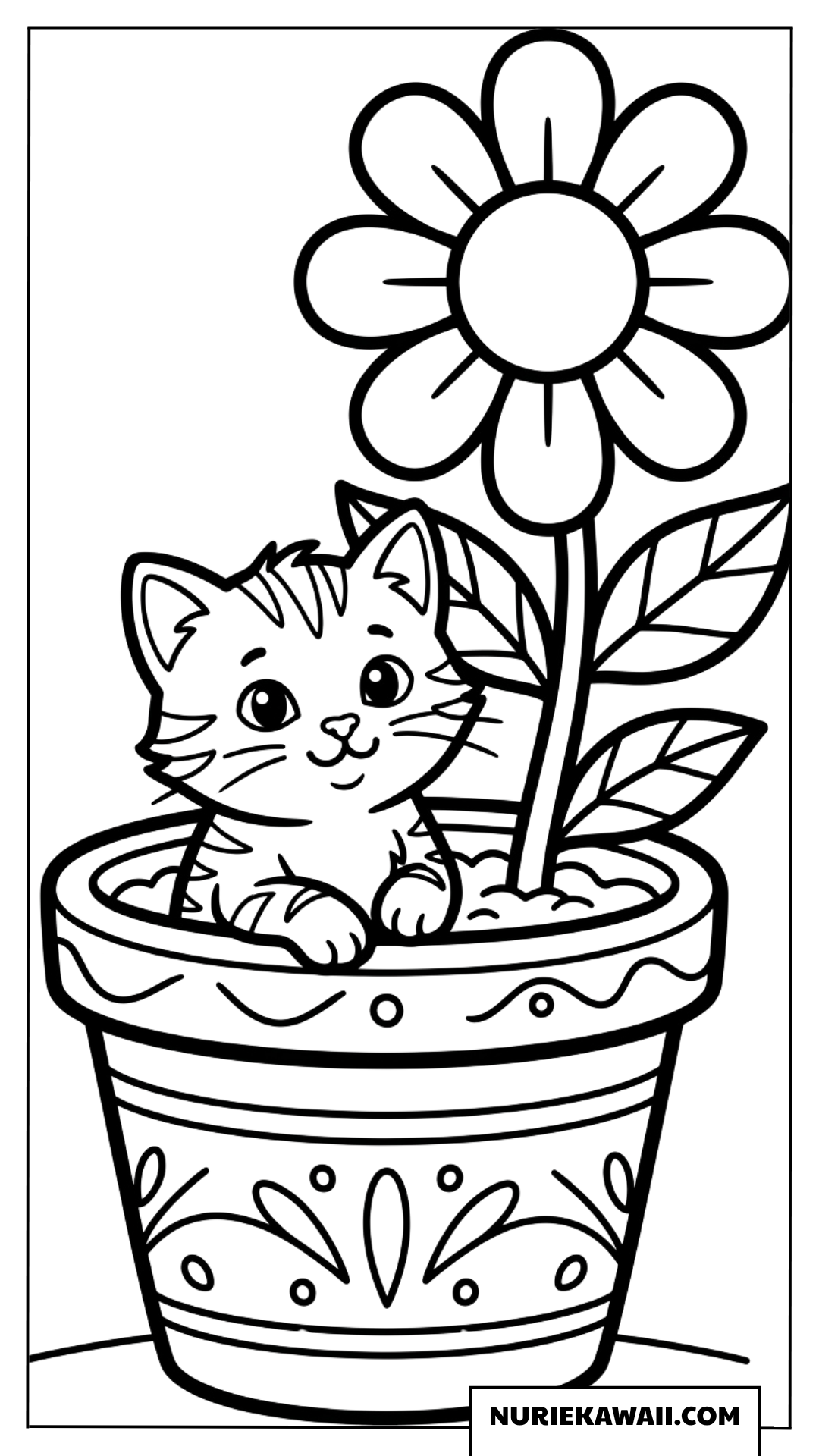 大きな植木鉢に入った可愛い子猫の塗り絵