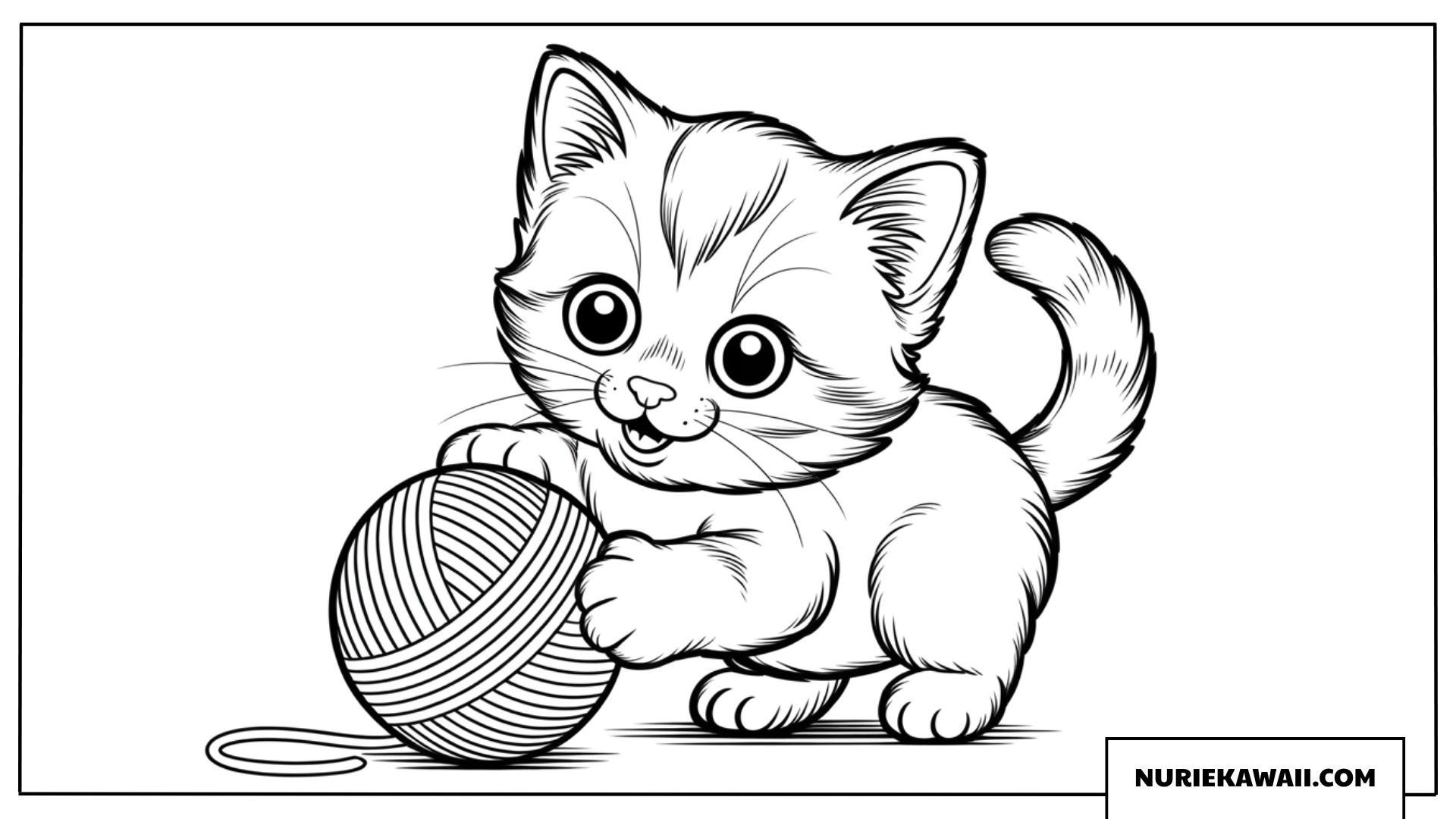 大きな目の子猫が毛糸玉で遊ぶ可愛い塗り絵