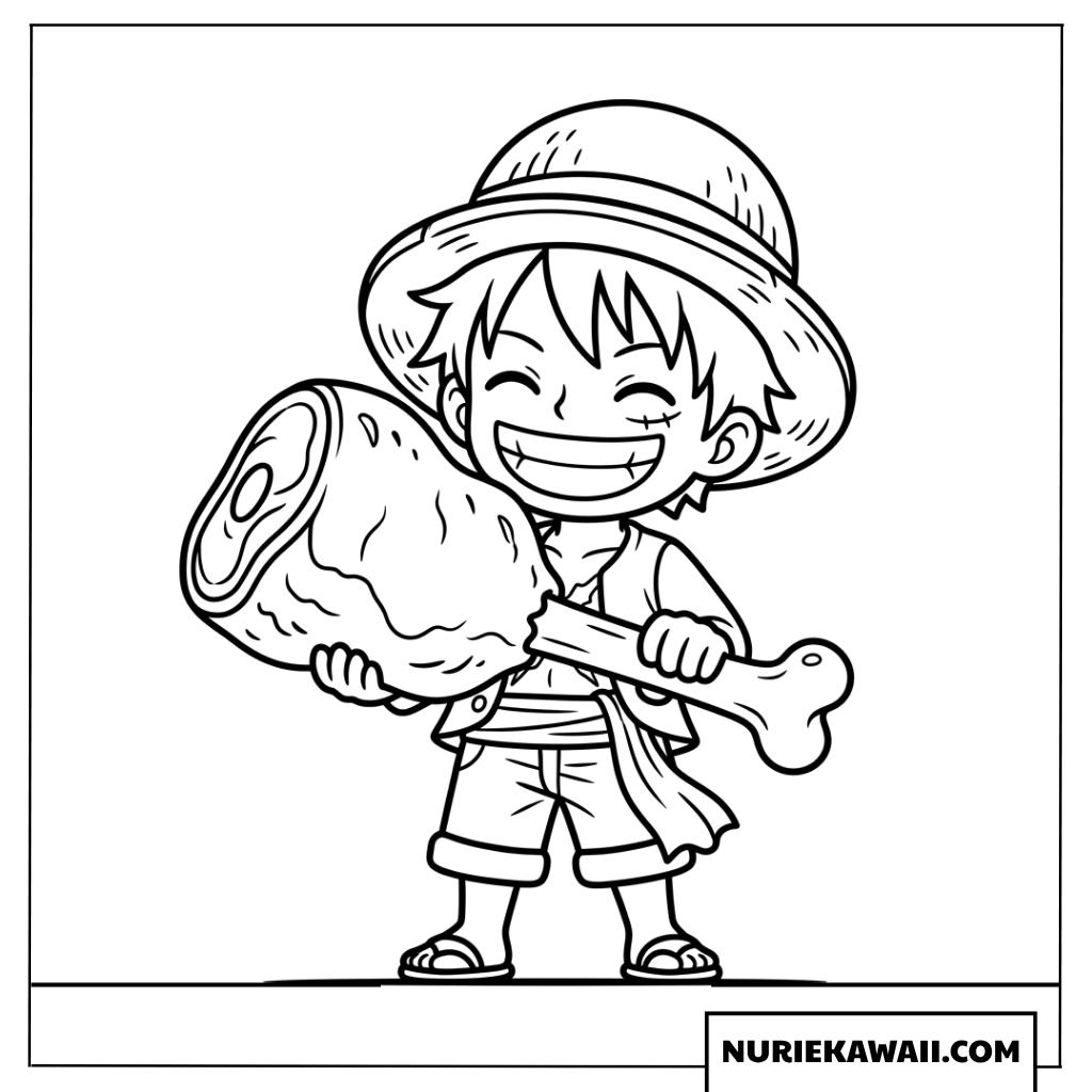 大きな肉の塊を抱えて満面の笑みを浮かべるちびルフィの塗り絵