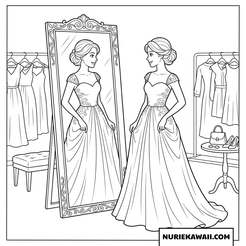大きな鏡の前で豪華なドレスを試着する女性の塗り絵