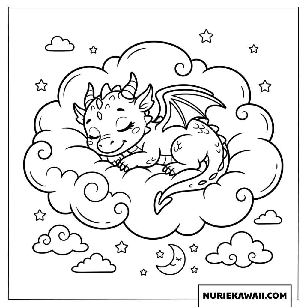 大きな雲の上で気持ちよさそうに眠るベビードラゴン塗り絵