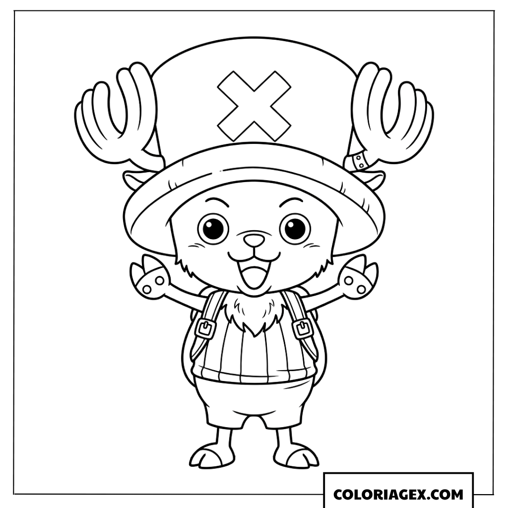 大きな青い帽子をかぶって両手を元気いっぱいに広げるチョッパーの塗り絵
