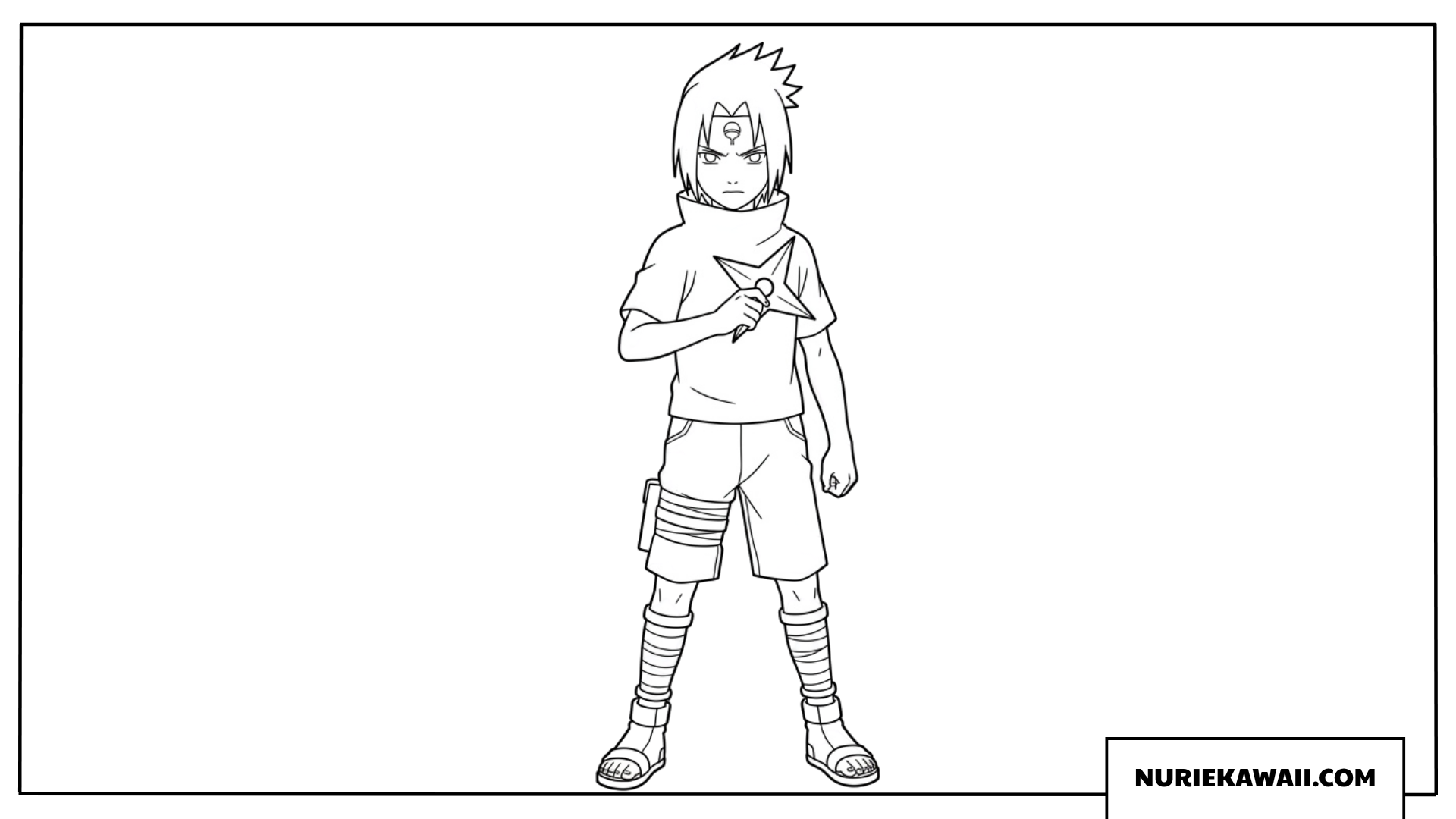 大きな風魔手裏剣を胸の前に構える少年期のうちはサスケの塗り絵