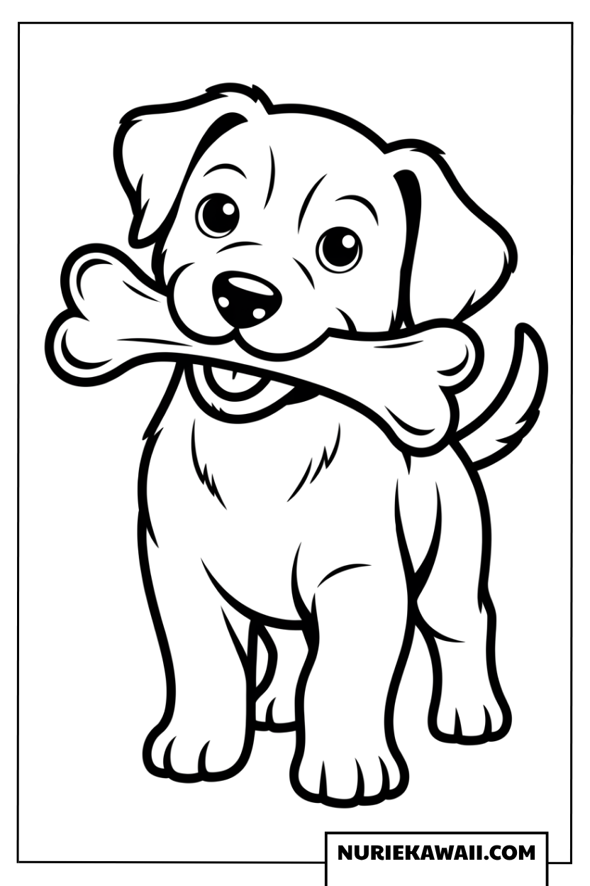 大きな骨をくわえた元気な子犬の塗り絵