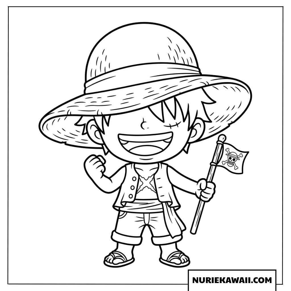 大きな麦わら帽子を被り海賊旗を掲げるちびルフィの塗り絵
