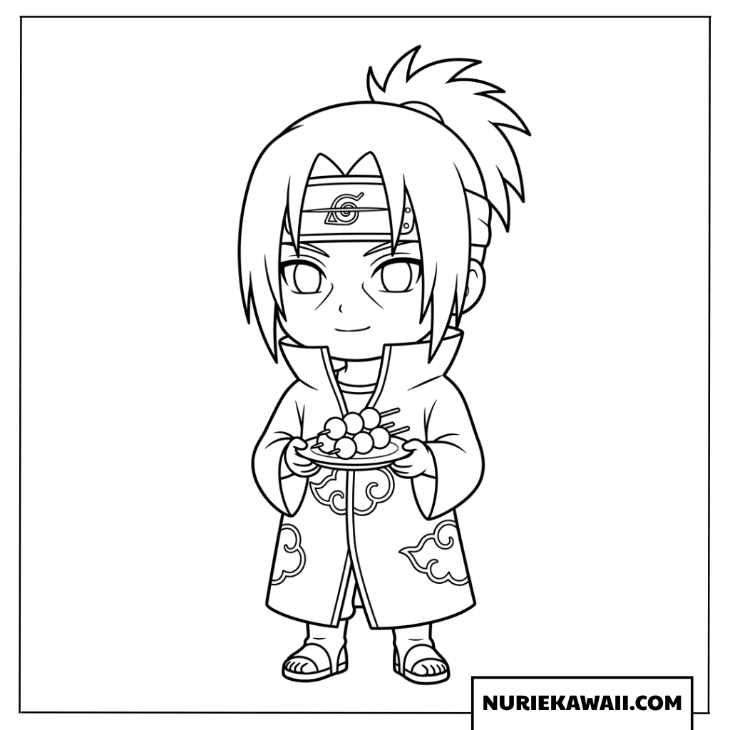大好物の三色団子をお皿にのせて両手で優しく持つうちはイタチちびキャラの塗り絵