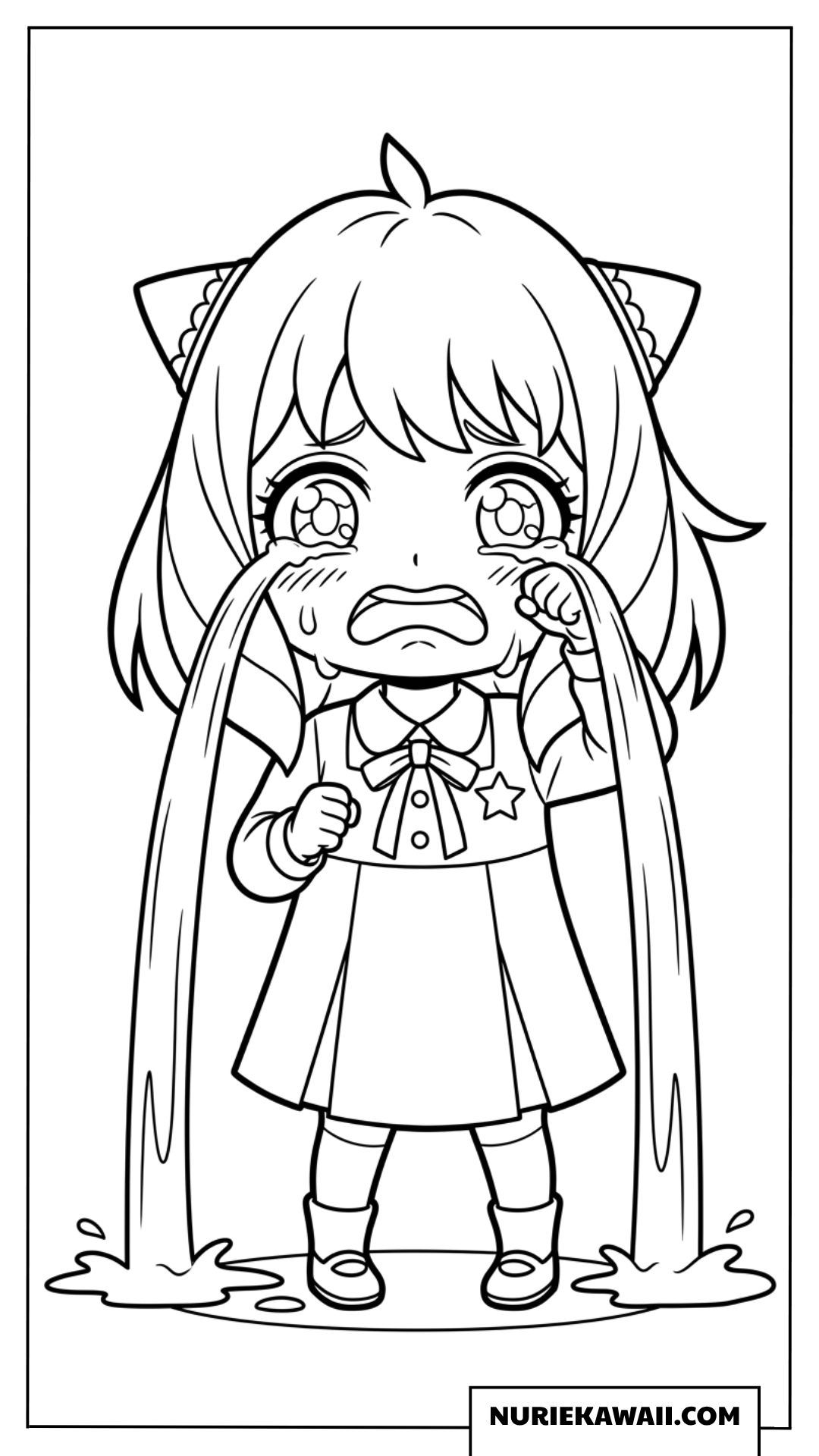 大粒の涙を流して大泣きしているドラマチックなちびキャラアーニャの塗り絵
