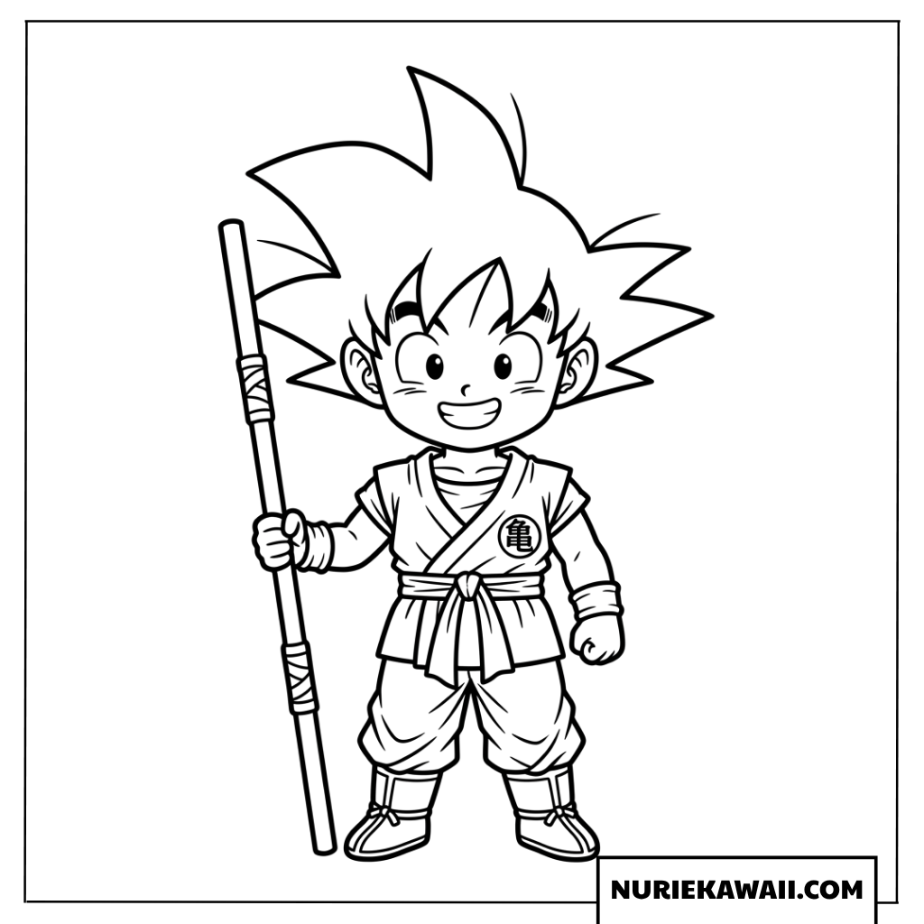 如意棒を持ってにっこり笑うミニ孫悟空の塗り絵
