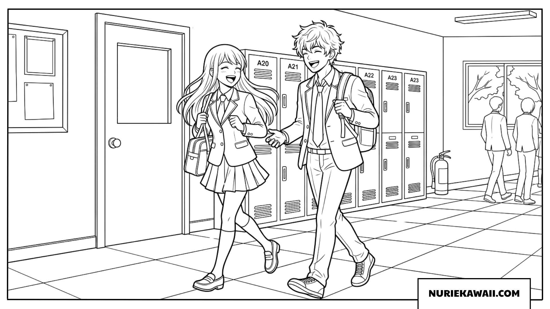 学園の廊下を笑顔で歩く制服姿のアニメ高校生男女の塗り絵